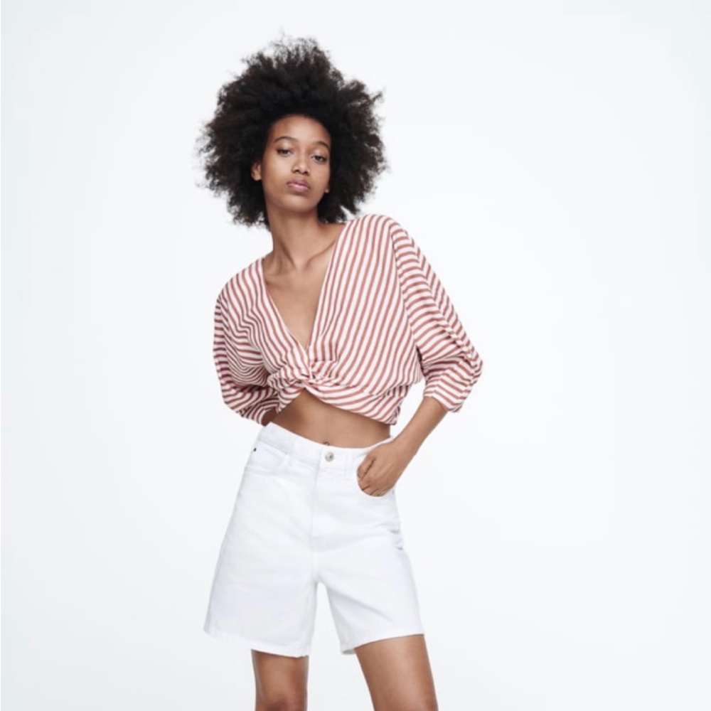 Zara Linen Blend Knotted Striped Top (Size Medium)